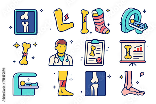 Fracture Diagnostics Icons. Colorful isometric vector icons set of bone fracture diagnostics: X-ray image, broken arm, broken leg,