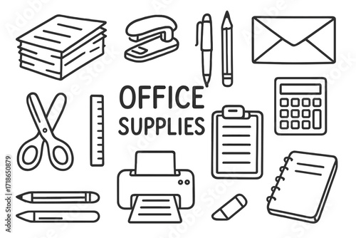 Office Supplies Doodle. Office Supplies. Hand-drawn doodle illustration catalog, paper stack, stapler, pen, pencil, ruler,