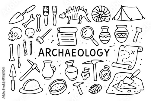 Archaeological Tools Doodles. Archaeology. Hand-drawn doodle illustration archaeology shovels, brushes, bones, fossils, scrolls,
