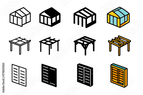 Seasonal Icon Set. Icon Set of Seasonal use: sunroom, open pergola, sliding shutters. Icons set in vector style, emblematic variations. Sunroom line, sunroom