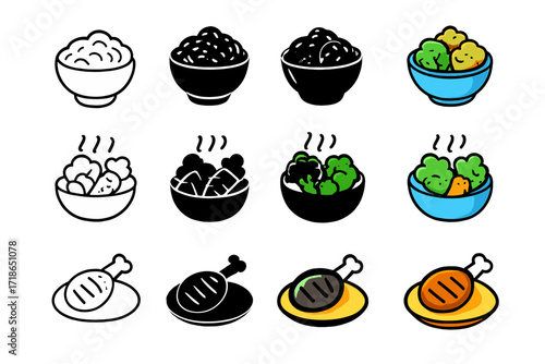 Colorful Meal Icons. Icon Set of Balanced Meals: Grain bowl, Steamed vegetables, Grilled chicken. Icons set in vector style, emblematic variations. Grain bowl