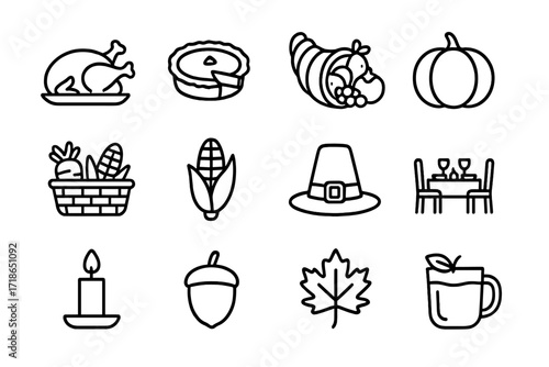Thanksgiving Icons Set. Thanksgiving traditions. Line icon set of Thanksgiving traditions: turkey, pie, cornucopia, pumpkin, harvest basket, corn, pilgrims