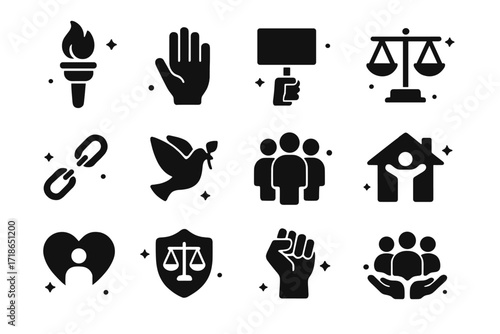 Human Rights Icons. Human Rights. Solid icons set of freedom torch, open hand, protest sign, equality scale, broken chain, peace dove, diverse group, safe
