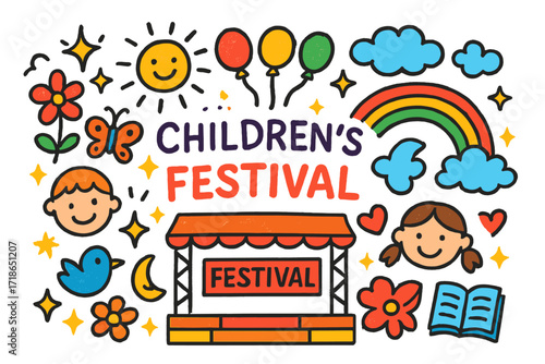 Festival Doodle Art. Colorful Hand-drawn doodle Children illustration Billboard Festival billboard, stage, balloons, rainbow, sun,