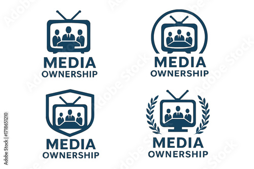 Corporate Media Logo. Set Logo of Media ownership: corporate boardroom with broadcast overlay. Logo set in vector style, emblematic variations.