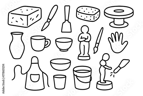 Sculpting Tools Doodle. Sculpting Process. Hand-drawn doodle illustration sculpting process clay block, carving tool, chisel,