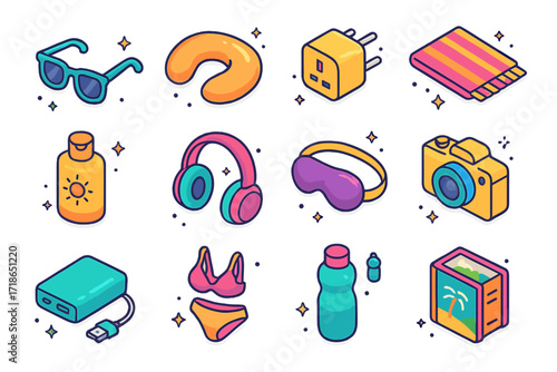 Colorful Vacation Essentials. Colorful isometric vector icons set of Vacation essentials and accessories: sunglasses, neck pillow,