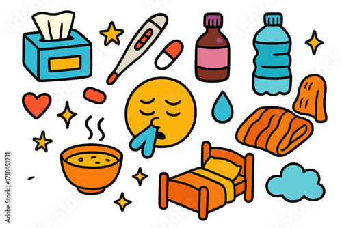Cold Symptom Doodles. Cold and flu. Colorful Hand-drawn doodle Children illustration tissue box, thermometer, pill, cough syrup, water bottle, blanket,
