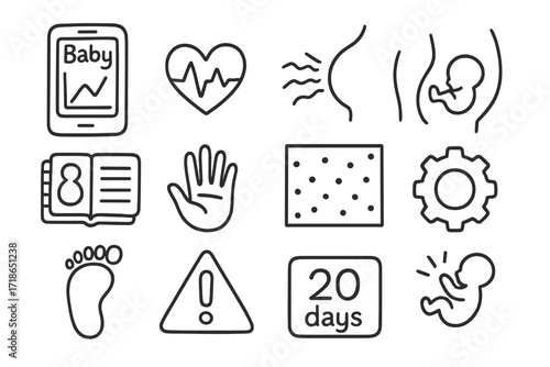 Baby Movement Tracker Icons. Hand-drawn doodle illustration Baby movement tracker app icon, graph, heart rate, belly, waves, dot chart, notebook, hand, baby