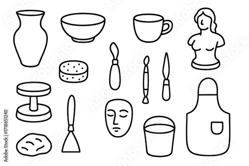 Ceramic Art Doodles. Ceramic Art. Hand-drawn doodle illustration ceramic art vase, bowl, cup, potter?s wheel, brush, sponge, clay lump, carving tool, chisel,