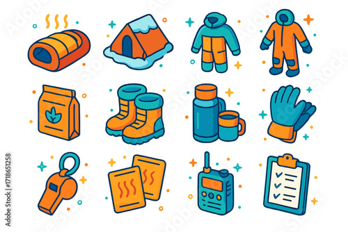 Cold Climate Survival Icons. Colorful isometric vector icons set of Worker life in extreme cold: heated sleeping pod, emergency