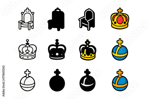Royal Icon Variations. Icon Set of Fair Royalty: Throne, Royal crown, Orb. Icons set in vector style, emblematic variations.