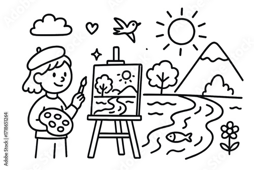 Riverside Doodle Art. Hand-drawn doodle illustration Artist painting riverside view [easel, palette, brush, river, tree, sun, cloud, bird, sparkle, star, fish,