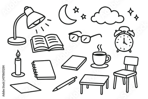 Night Study Icons. Hand-drawn doodle illustration Night study [lamp, book, glasses, cup, clock, notebook, pen, moon, stars, candle, paper, desk, chair,
