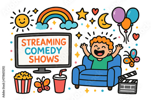 Children's Comedy Time. Colorful Hand-drawn doodle Children illustration Streaming Comedy Shows TV screen, laughing child, popcorn, rainbow, sparkles, star,