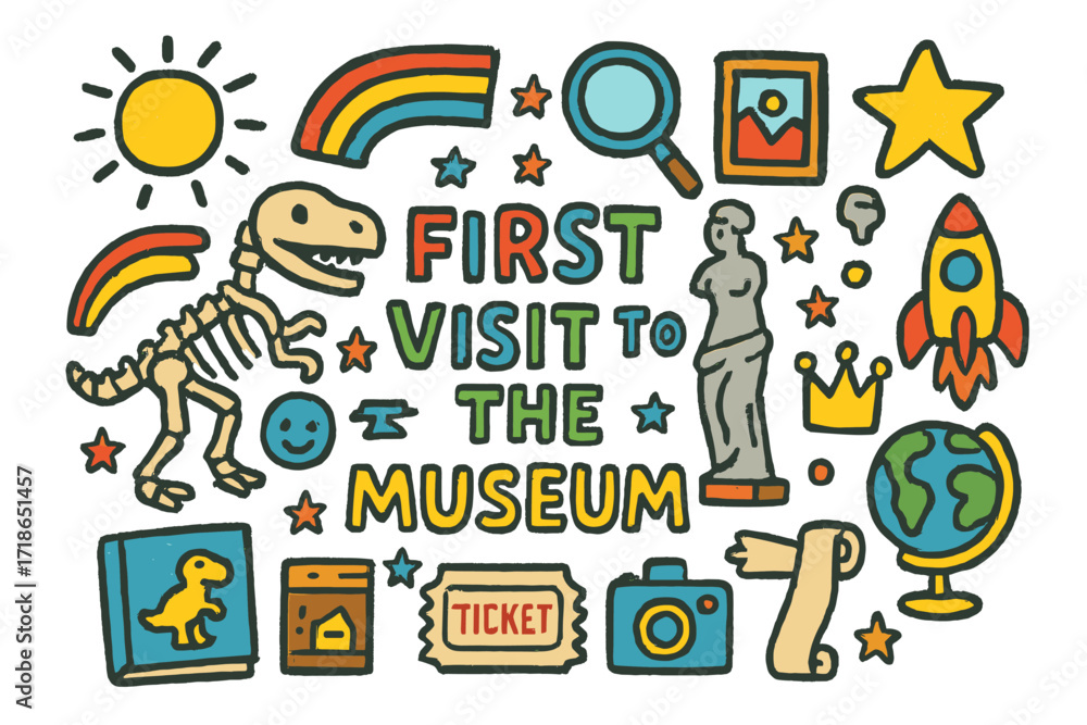 Naklejka premium First Museum Adventure. Colorful Hand-drawn doodle Children illustration First Visit to the Museum [dinosaur skeleton, painting, statue, star, magnifying