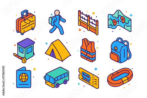 Refugee Journey Icons. Colorful isometric vector icons set of refugee travel and displacement: suitcase with tag, walking traveler