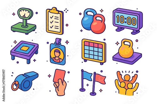 Kettlebell Competition Icons. Colorful isometric vector icons set of kettlebell competition elements: weight class scale, judges clipboard, competition
