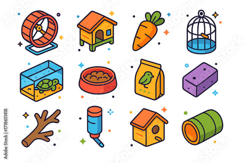 Isometric Small Pet Icons. Small Pets. Colorful isometric vector icons set of Small Pets: hamster wheel, guinea pig hutch, rabbit