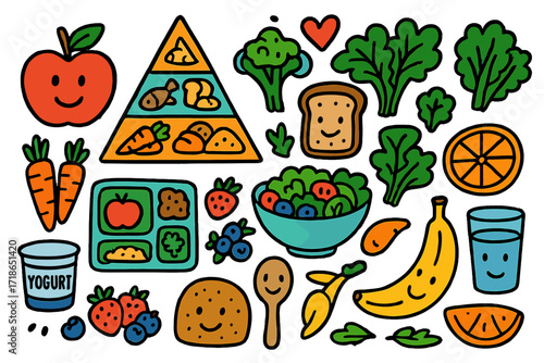 Healthy Eating Doodles. Colorful Hand-drawn doodle Children illustration Healthy eating food pyramid, apple, bowl of salad, carrots, yogurt cup, berries, lunch