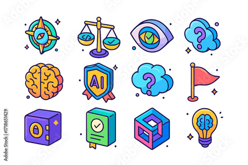 Colorful AI Ethics Icons. Colorful isometric vector icons set of AI ethics and philosophy: moral compass chip, balance scale with