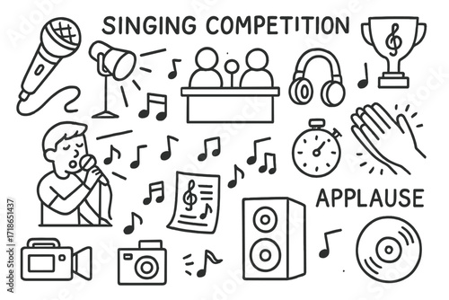 Singing Competition Essentials. Hand-drawn doodle illustration Singing competition [microphone, spotlight, headphones, judge panel, musical notes, trophy,