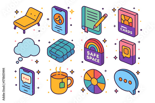 Anxiety Therapy Icons. Colorful isometric vector icons set of therapy for anxiety: therapist couch, calming breathing app, journal