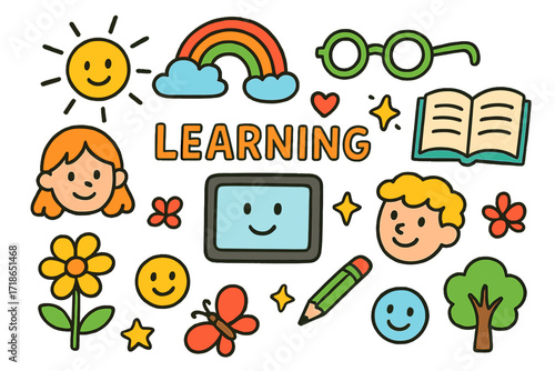 Colorful Learning Adventure. Colorful Hand-drawn doodle Children illustration Learning with Tablets tablet, book, glasses, rainbow