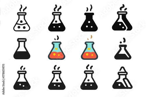 Flask Logo Variations. Set Logo of Flasks: Flask with bubbling potion and vapor. Logo set in vector style, emblematic variations. line, bold thick line, solid