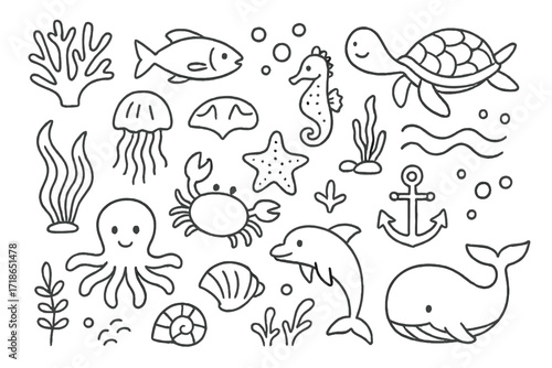 Coral Reef Doodles. Hand-drawn doodle illustration Coral reef [coral, fish, turtle, seahorse, starfish, shell, jellyfish, crab, octopus, dolphin, seaweed,