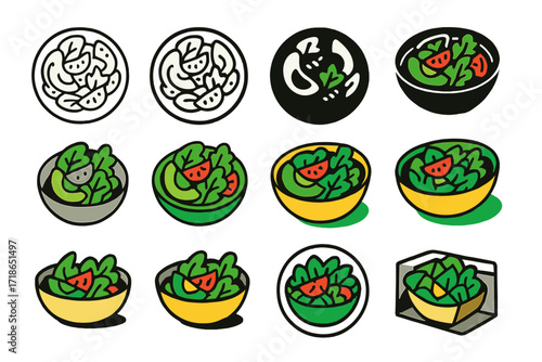Fresh Salad Logos. Set Logo of preparing a fresh salad with avocado, tomatoes, and greens: Salad plate overhead view. Logo set in vector style, emblematic