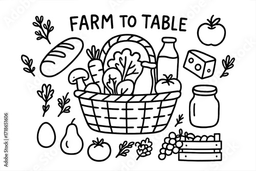 Farm to Table Doodles. Farm to table. Hand-drawn doodle illustration farm to table basket, bread, cheese, apple, tomato, lettuce, mushroom, milk, jar, egg,
