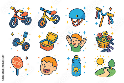 Kids' Cycling Icons. Colorful isometric vector icons set of park cycling for kids: tricycle, balance bike, tiny helmet, handlebar