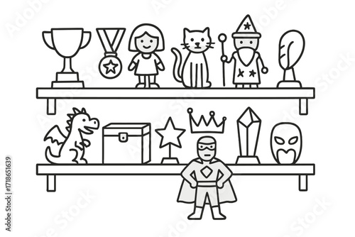 Collector's Shelf Doodles. Collector’s shelf. Hand-drawn doodle illustration collector’s shelf trophy, medal, figurine, doll,