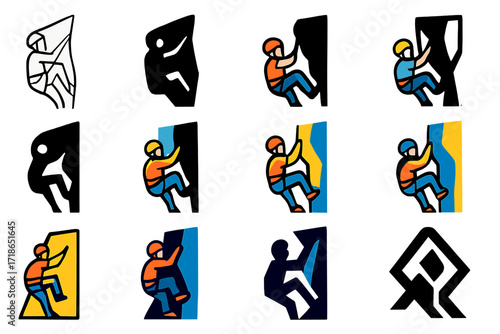 Rock Climber Logo Grid. Set Logo of Rock Climber: Climber ascending a cliff. Logo set in vector style, emblematic variations. line, bold thick line, solid
