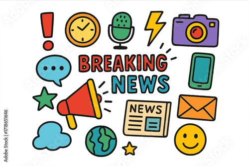 Colorful News Icons. Colorful Hand-drawn doodle Children illustration breaking news megaphone, exclamation mark, clock, lightning bolt, microphone, camera,