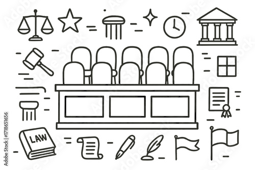 Courthouse Doodle Elements. Hand-drawn doodle illustration Jury box with empty chairs [jury box, row of chairs, gavel, scales of justice, courthouse building,