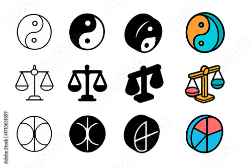 Balance Icon Set. Icon Set of Balance Concepts: Yin-yang, Scales, Circle symmetry. Icons set in vector style, emblematic variations. Yin-yang line, Yin-yang
