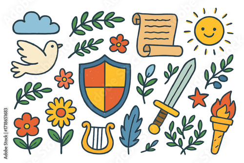 Heroes' Emblem Doodles. Heroes rest. Colorful Hand-drawn doodle Children illustration shield, sword, laurel wreath, scroll, flower, dove, harp, star, heart,