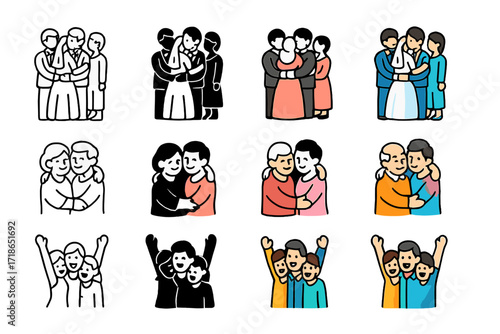 Wedding Celebration Icons. Icon Set of Wedding celebration: newlyweds hug with guests, family embrace, friends group cheer. Icons