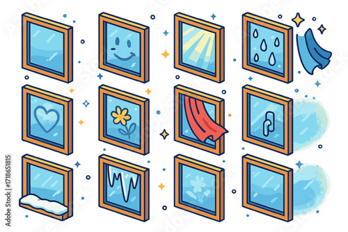 Winter Window Icons. Colorful isometric vector icons set of winter morning windows: fogged glass, hand-drawn smiley on frost,