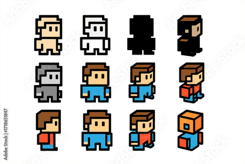 NFT Pixel Art Logos. Set Logo of Digital Art Collectibles and NFTs: Pixel art character. Logo set in vector style, emblematic variations. line, bold thick