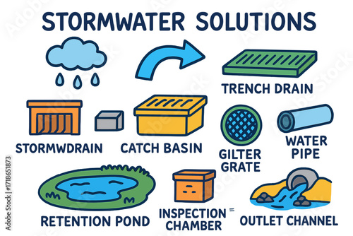 Stormwater Doodle Illustrations. Stormwater Solutions. Colorful Hand-drawn doodle Children illustration storm drain, catch basin,