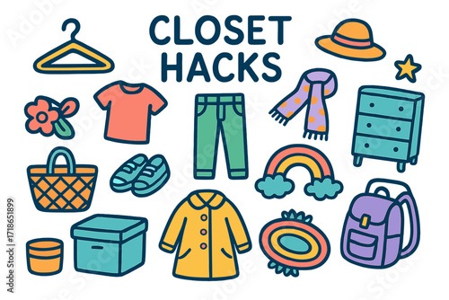 Colorful Closet Doodles. Colorful Hand-drawn doodle Children illustration Closet Hacks [hanger, shirt, pants, shoes, storage box, basket, scarf, hat, rainbow,