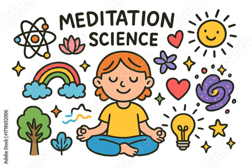 Meditation and Science Fusion. Meditation & Science. Colorful Hand-drawn doodle Children illustration Meditation & Science meditation pose, atom, lotus flower,