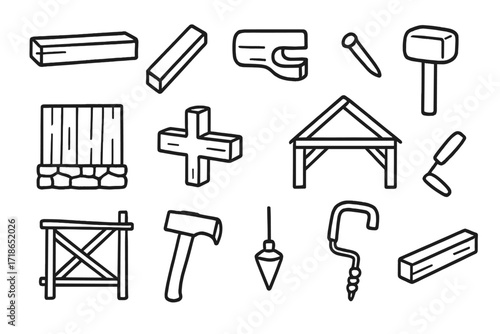 Medieval Timber Framework. Hand-drawn doodle illustration medieval timber framing timber beam, diagonal brace, mortise joint, wooden peg, wooden mallet, stone