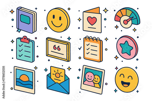 Gratitude Positivity Icons. Colorful isometric vector icons set of gratitude and positivity practice: gratitude journal, smiley