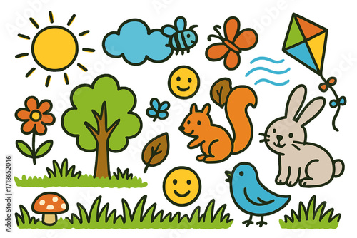 Vibrant Nature Doodles. Colorful Hand-drawn doodle Children illustration Blue sky over field sun, fluffy cloud, tree, flower, grass, bee, butterfly, squirrel,