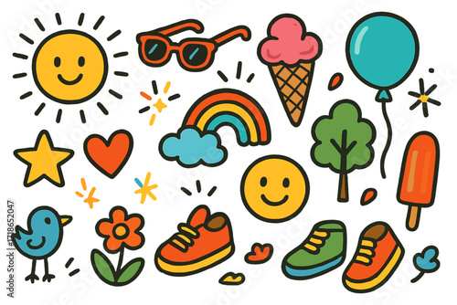 Summer Ice Cream Fun. Colorful Hand-drawn doodle Children illustration Summer Ice Cream Walk [ice cream cone, popsicle, sun, sunglasses, shoes, star, rainbow,