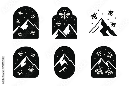 Firefly Mountain Logos. Shifting landscapes fireflies. Set Logo of Shifting landscapes fireflies: fireflies around mountain peaks. harmonious logo variations